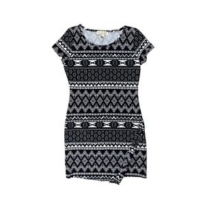 Pink Rose Geometric Tribal Bodycon Mini Dress Faux Hem Size M